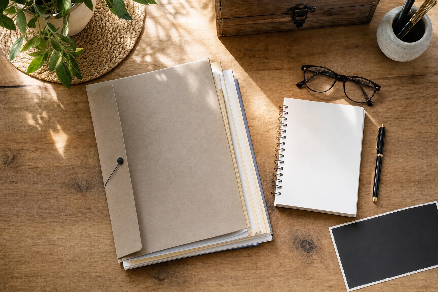 Planning folder, notebook and glasses on a sunlit desk