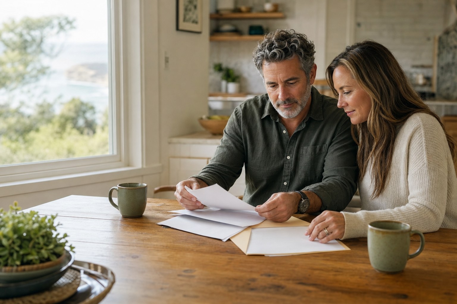 Couple sorting important papers at their kitchen table