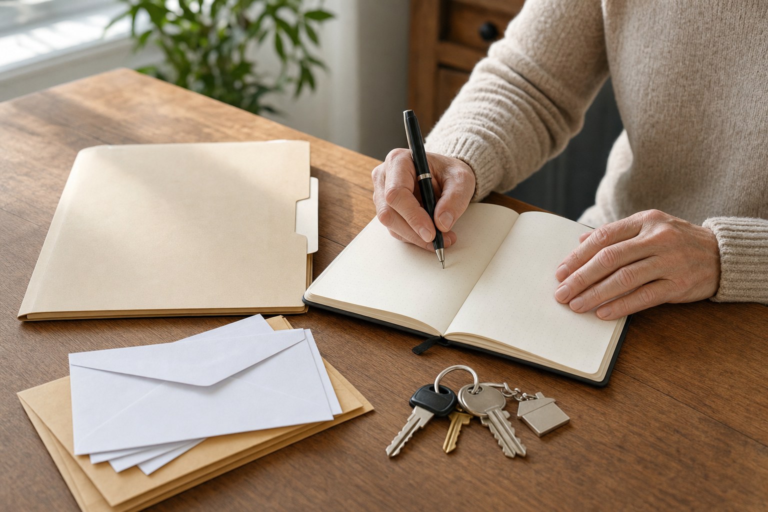 Hands making a household inventory beside keys and folders