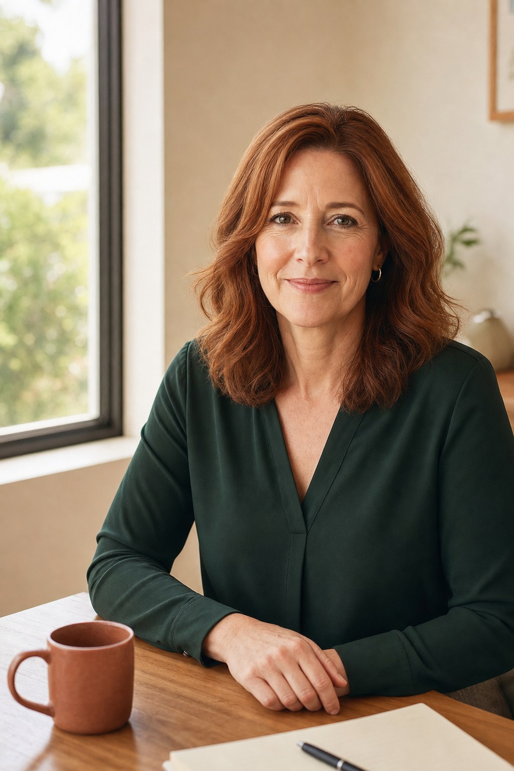 Claire Wexcombe seated in her bright office