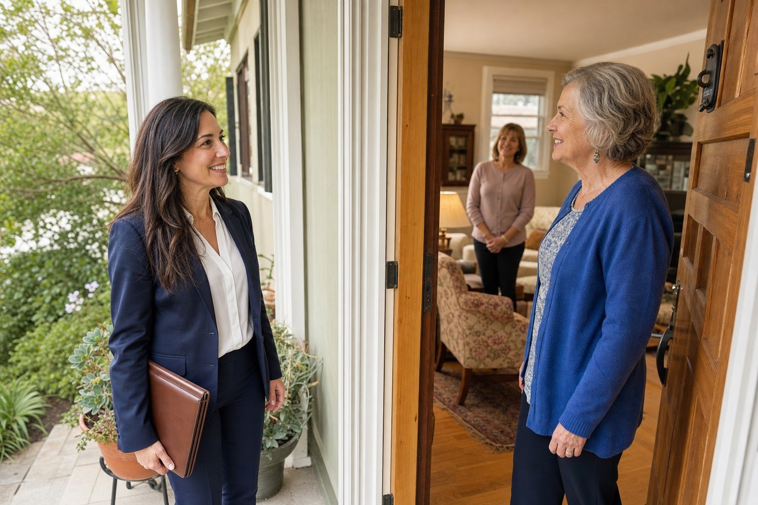 Attorney arriving for a home meeting with an older client