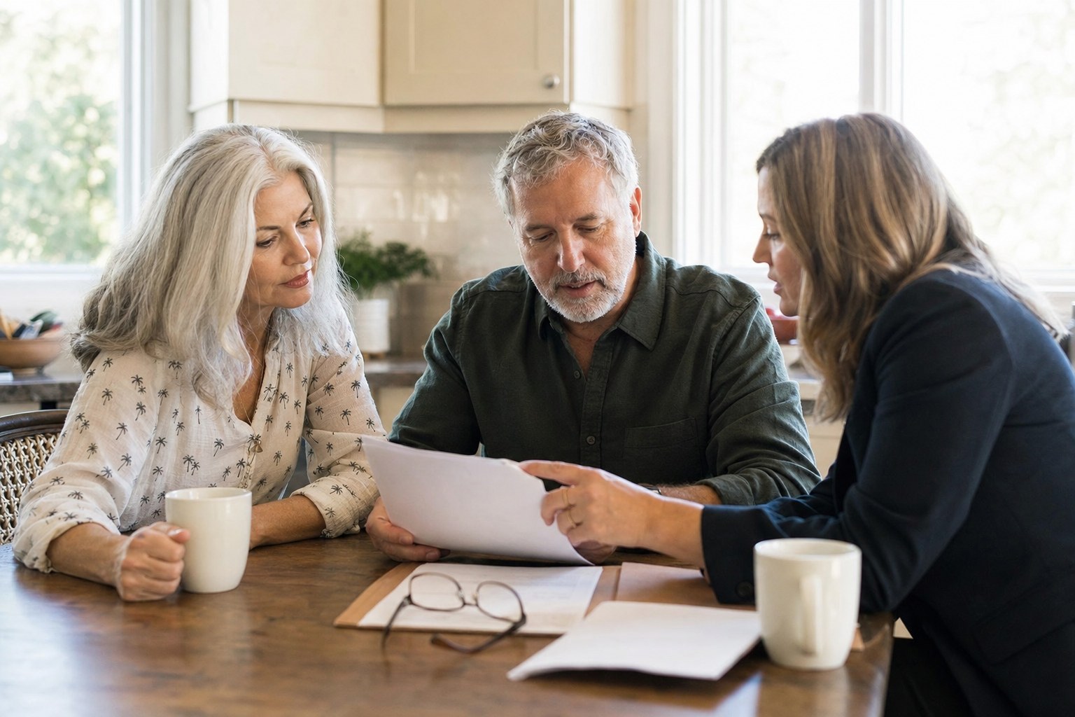 Attorney meeting with a couple to discuss estate planning at their kitchen table